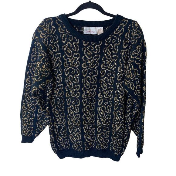 VTG Worthington Black/Gold Floral Print Crewneck Sweater Sz M - Picture 1 of 9